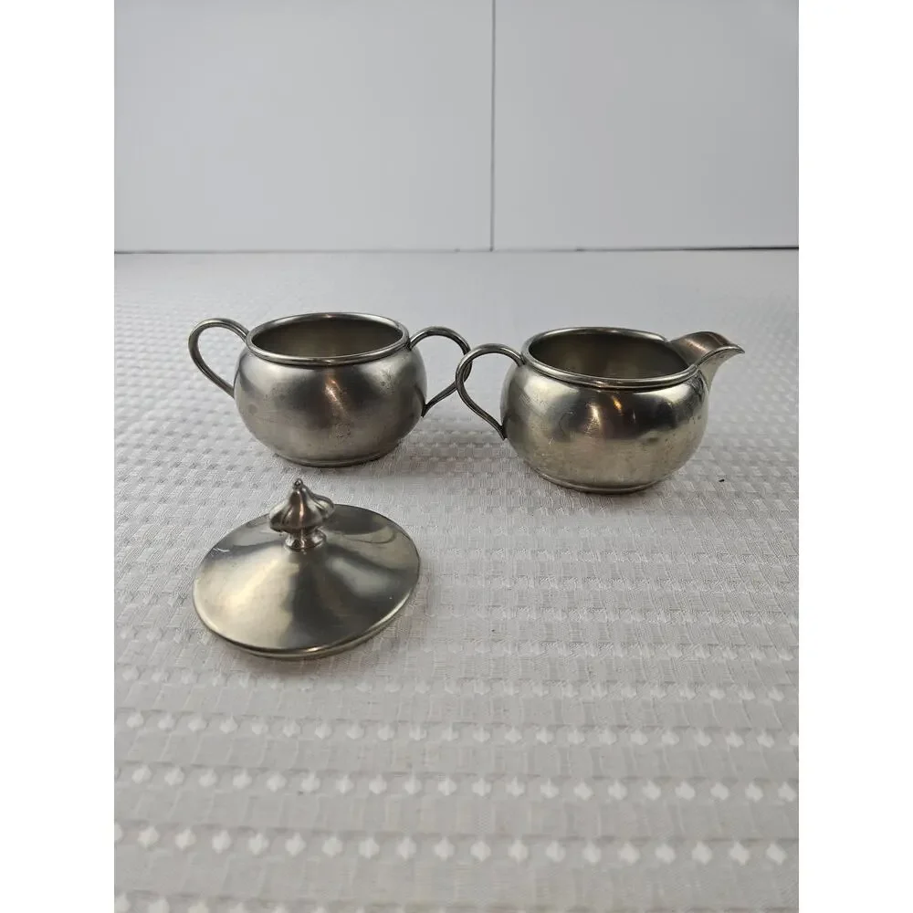 Hanle‎ Distinctive American Pewter Sugar Bowl and Creamer Set Vintage USA MCM